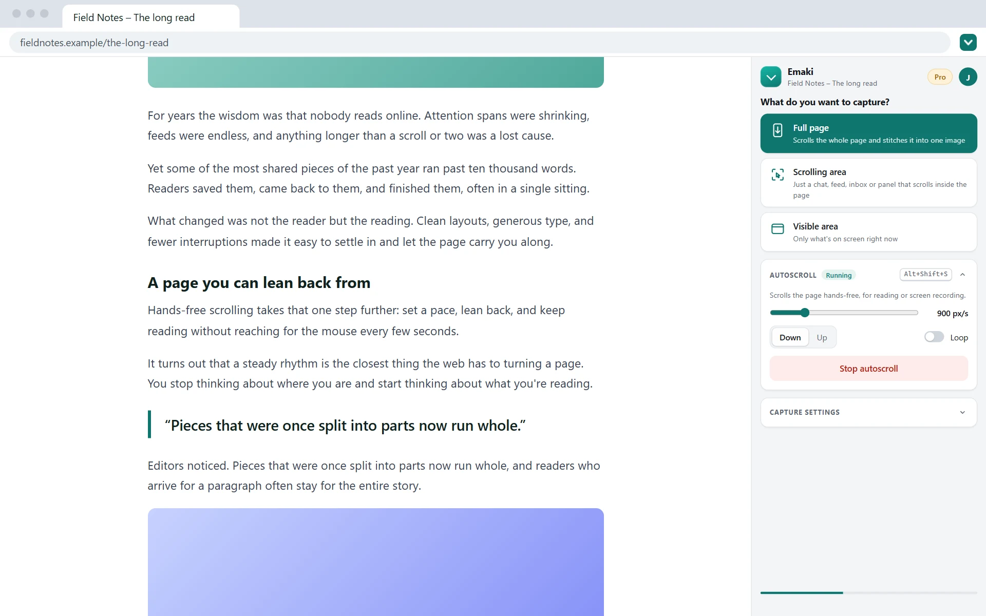 Autoscroll running on a long article at 900 pixels per second, from the Emaki side panel