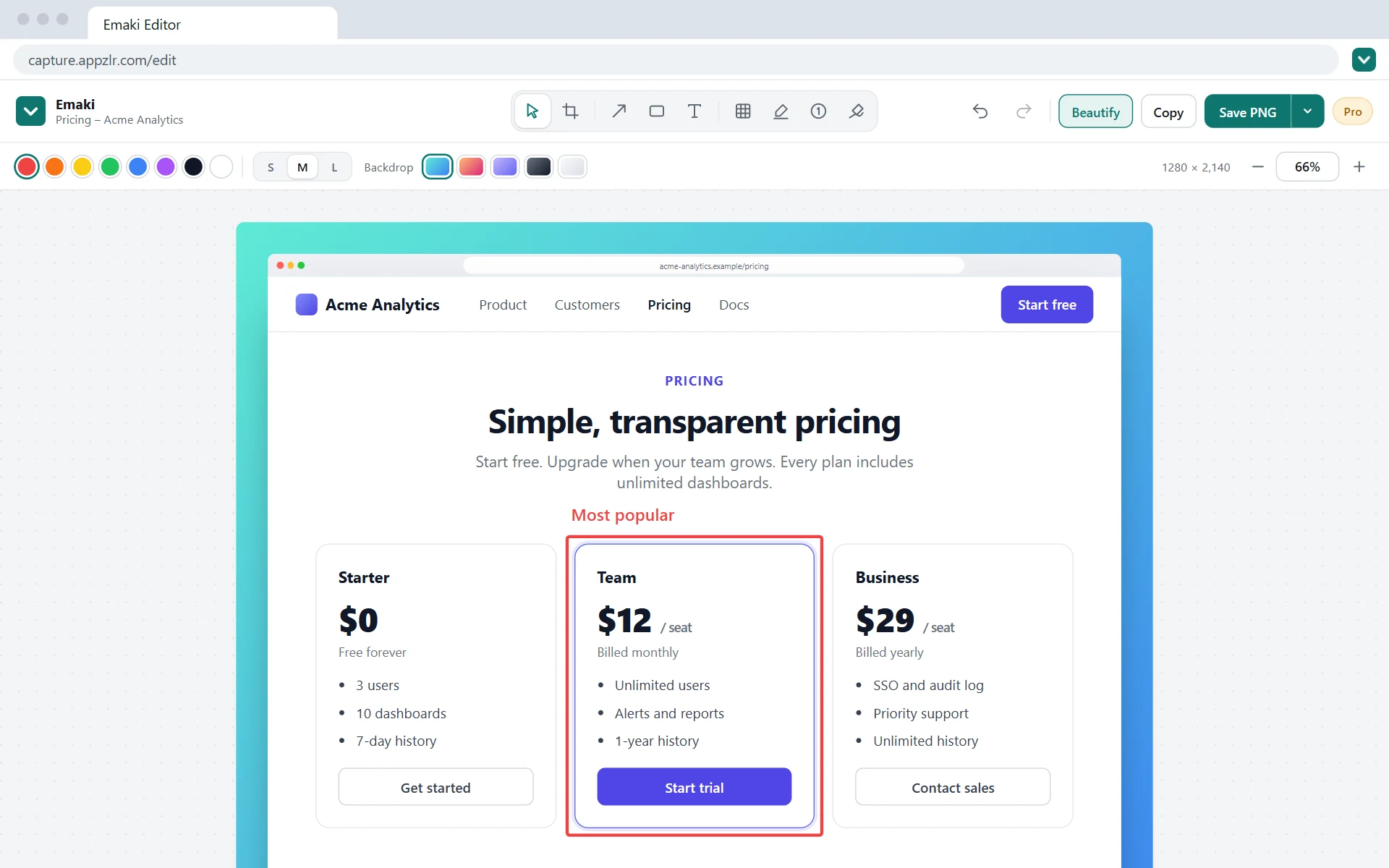 The Emaki editor with a browser frame and a backdrop around a pricing page, and one plan marked