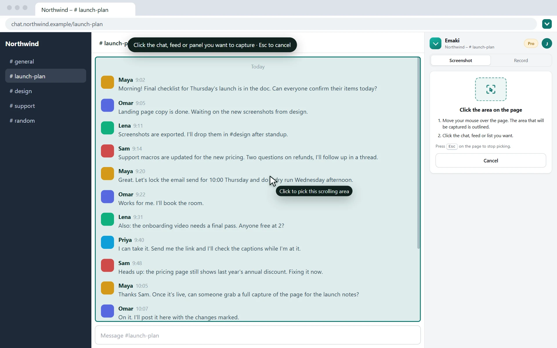 Picking a scrolling area: Emaki outlines the chat that scrolls inside the page, next to its side panel